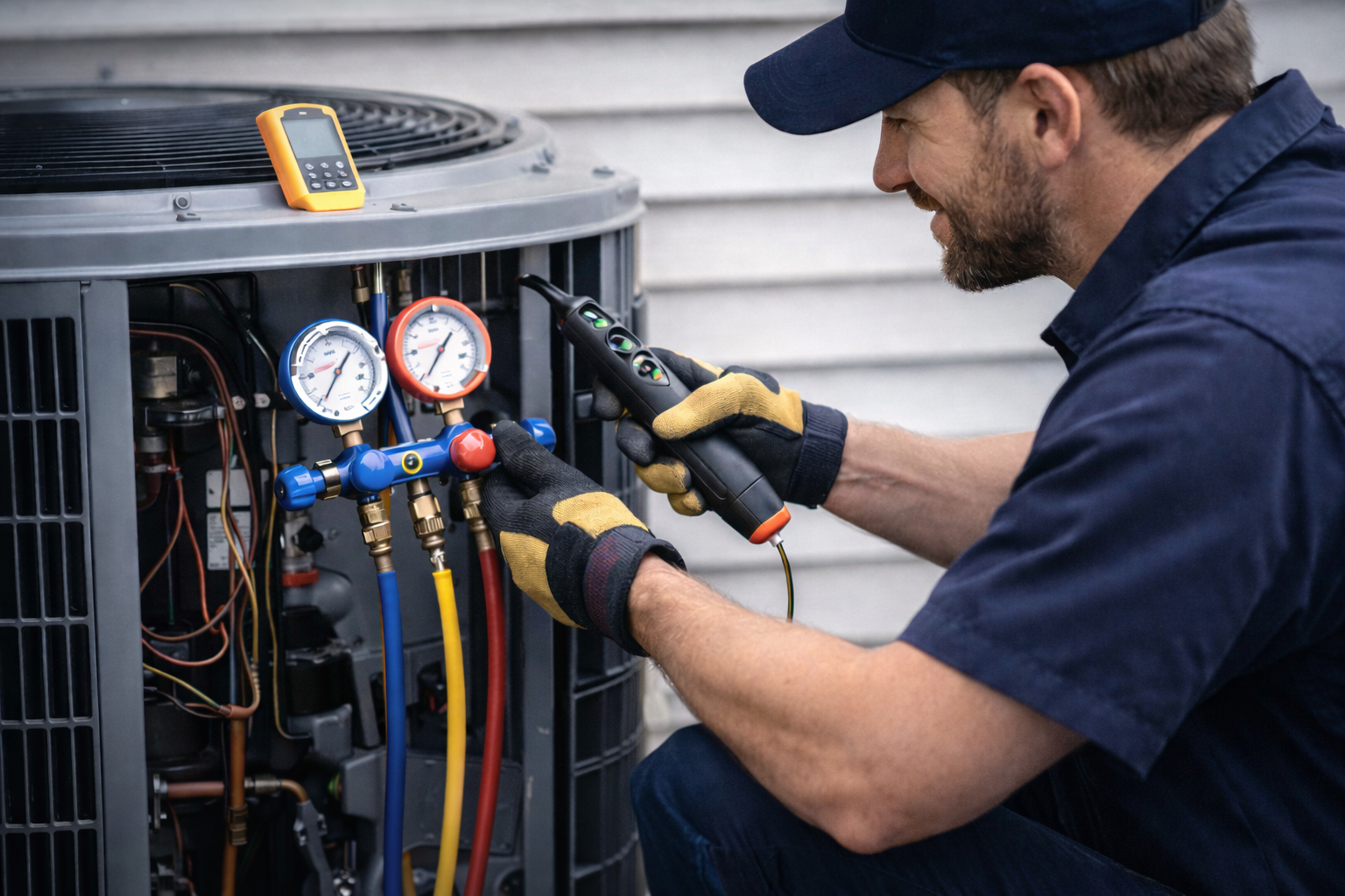 AC repair technician performaning a refrigerant recharge