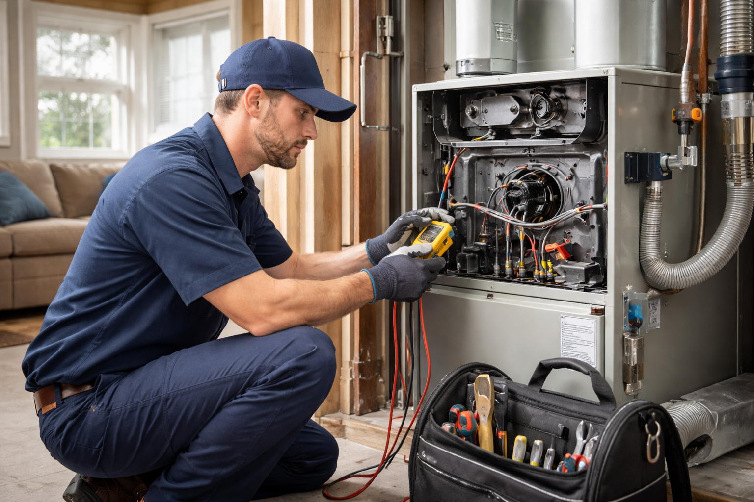 Residential heater repair technician performing repairs on a home unit