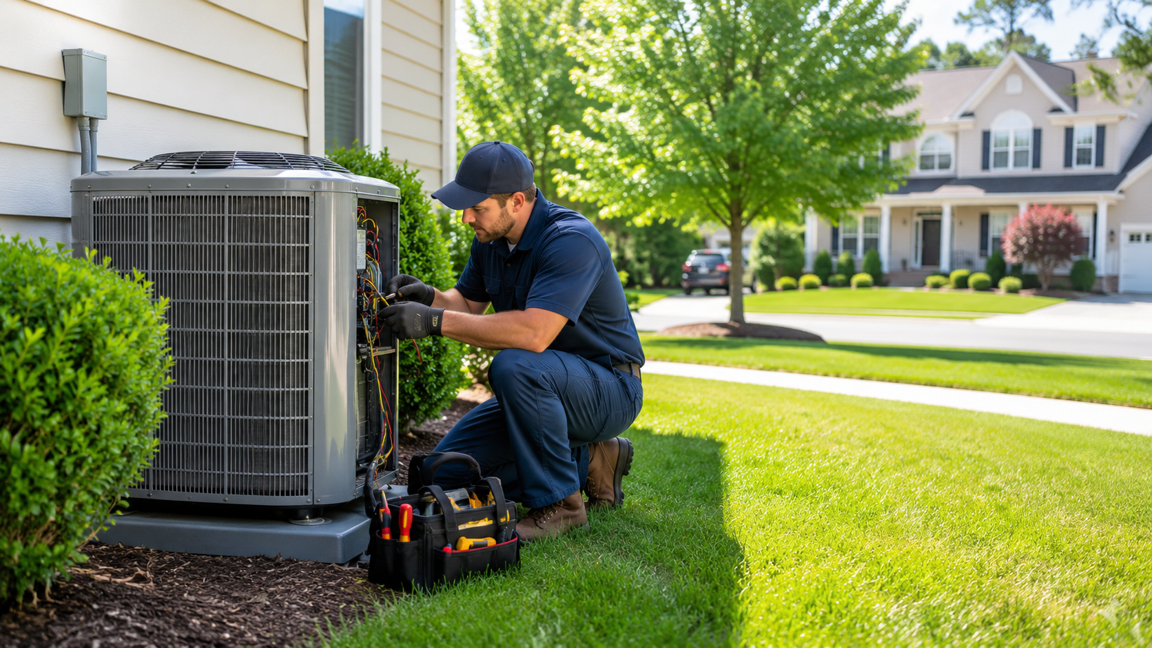 Repair technician performing an AC repair in Chantilly VA